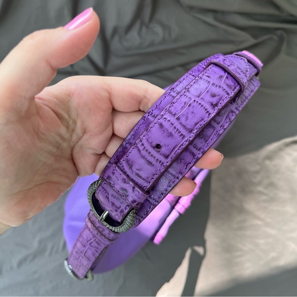 Judith Ripka Purple Leather CROCO Embossed Pewter Wrap Pocket Hobo Shoulder Bag - Picture 11 of 16